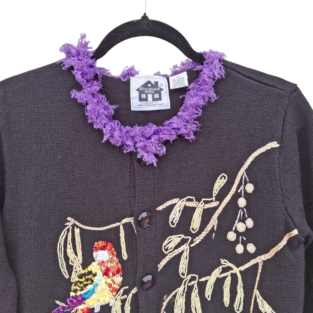 Storybook Knit Black Embellished Cardigan Sweater "Parrot Fancy"  Women Size XS - Picture 4 of 14